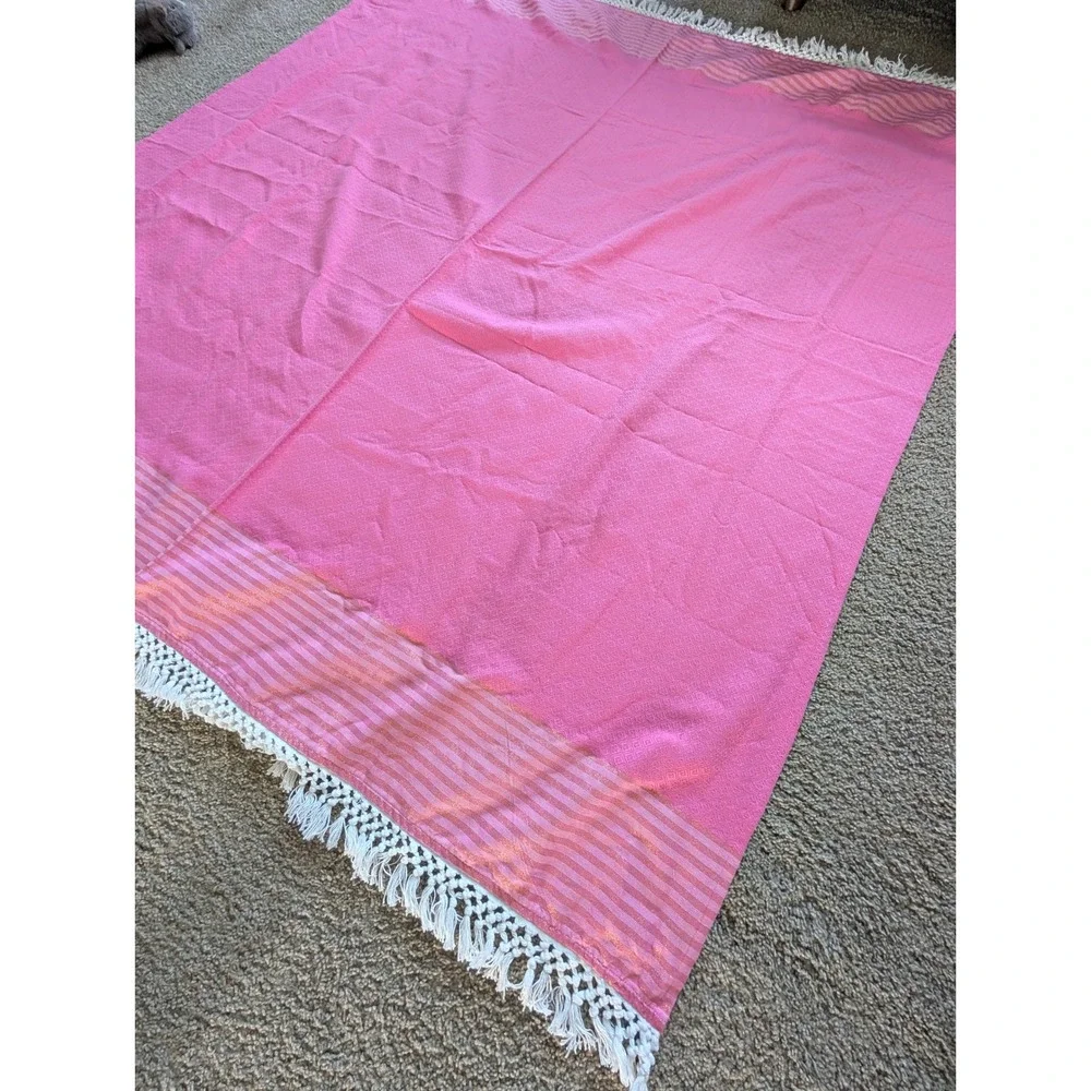 Lilly Pulitzer Pink/Gold Stripe Fringe Tablecloth 77x69 Diamond Rectangular